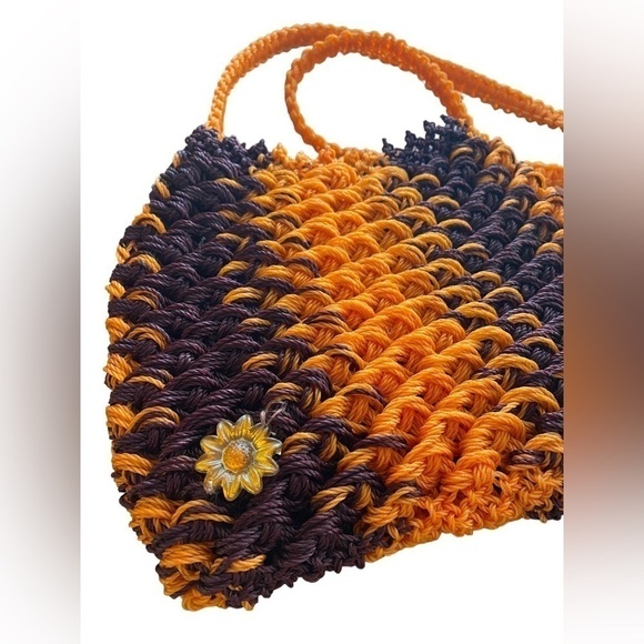 Handmade Crocheted Purse Handbag Brown/Orange with One Floral Piece Attached Vtg - Picture 2 of 11